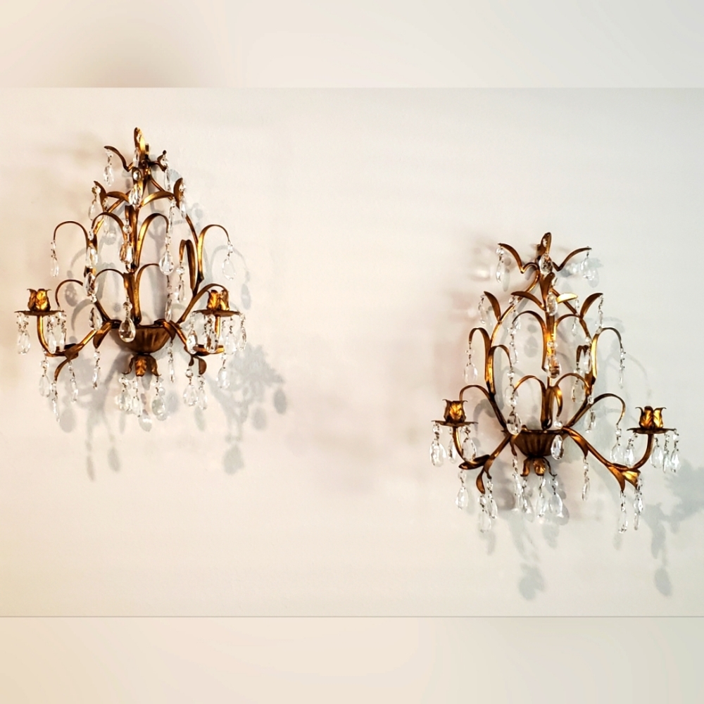 Pair of Vintage Rococo Italian Gold Gilt Candle Wall Sconces